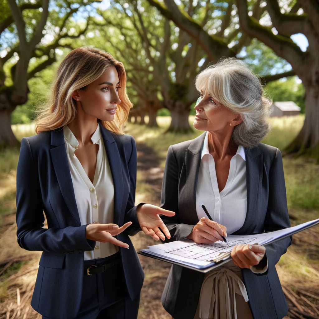 DALL·E 2024-02-09 18.27.07 - A 35-year-old female architect is on a tree-filled land with her 60-year-old female client. The architect, in smart professional attire, is holding a 